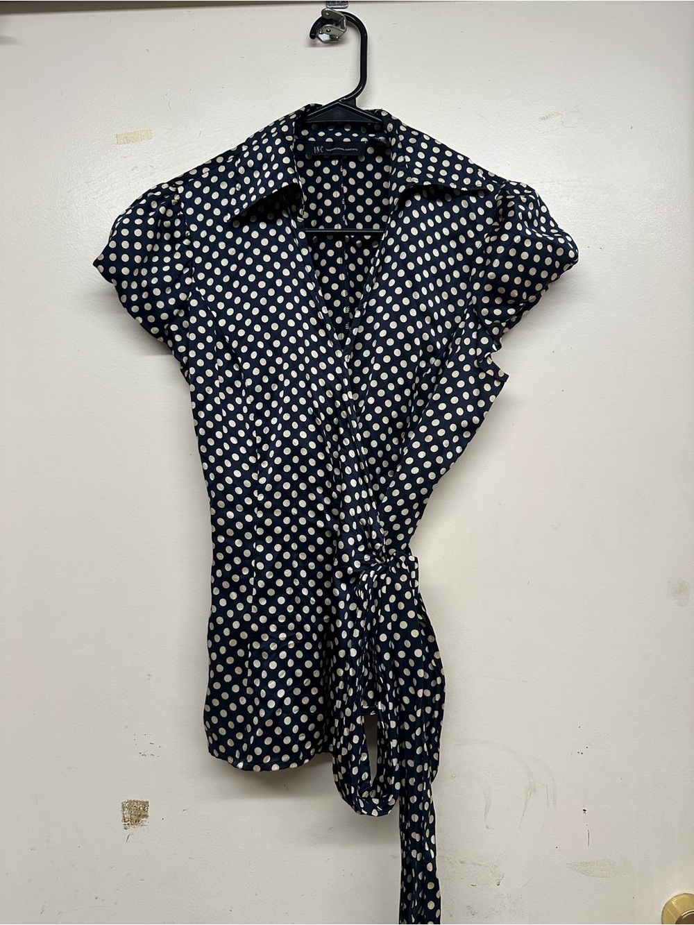 Silk Polka Dot Wrap Blouse - Navy and Cream